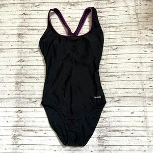 Speedo Womens Sz 6 Black Purple Trim Built In Pads Racerback One Piece Swim Suit